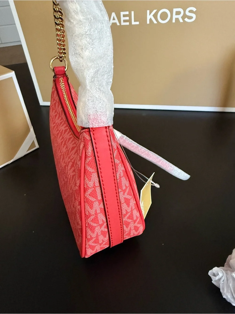 💯% Auethentic Michael Kors Coral Red MK Monogram Hobo with Gold Chain